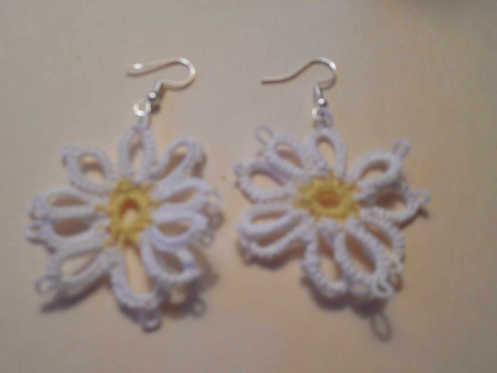 Shuttle Tatted White Daisy Flower Earrings Dove Country Tatting Unique Gift
