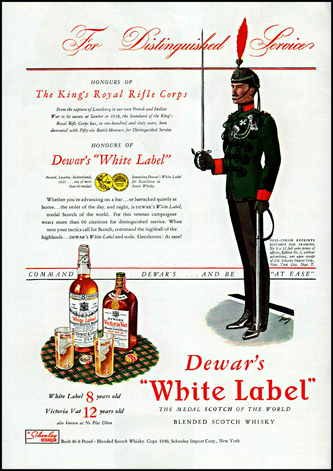 1940 Dewar's White Label King's Royal Rifle Corps Vintage Art Print Ad Ads54