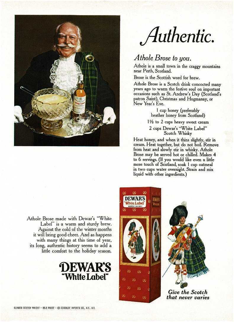 1969 Dewar's White Label Scotch Athol Brose Drink Recipe Vintage Print Ad