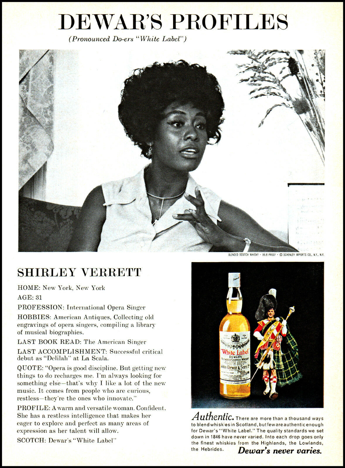 1971 Dewar's Scotch Shirley Verrett Profile Vintage Photo Print Ad Ads23