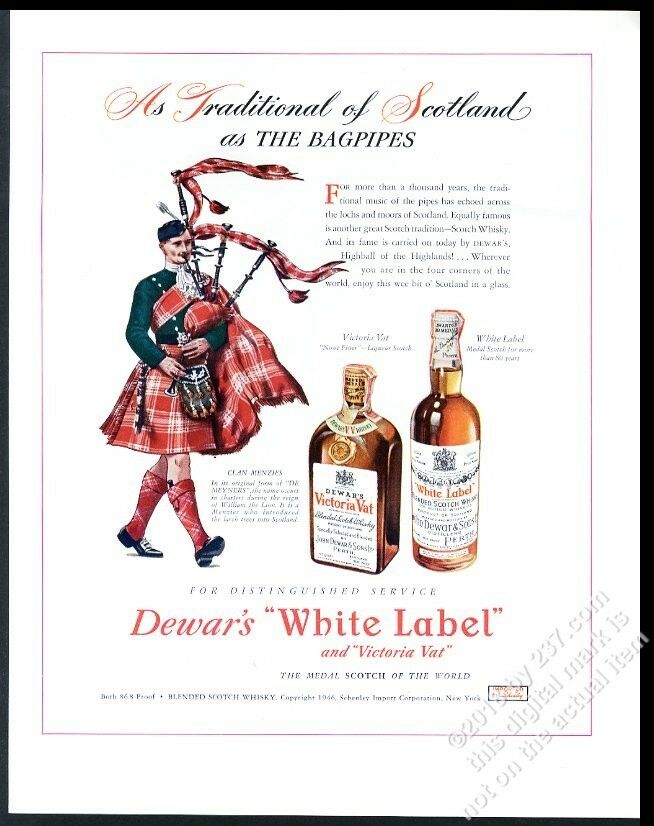 1946 Clan Menzies Tartan Bagpipes Piper Art Dewar's Scotch Vintage Print Ad