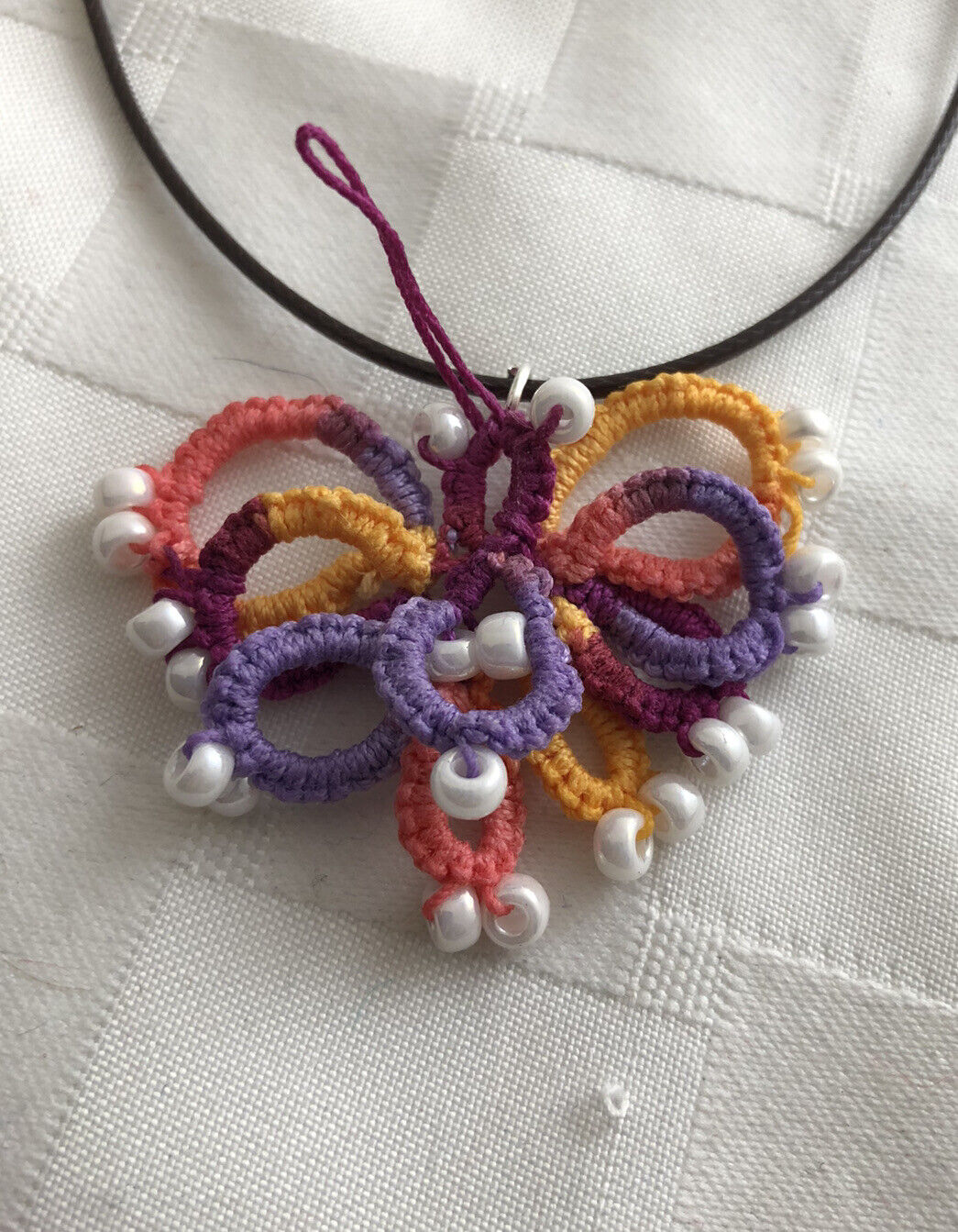 Hand  Made Tatted Pendant Necklace, 3d Butterfly  Crystal Beads 18” Necklace