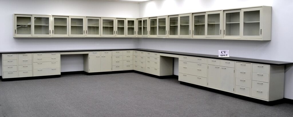 38' Base & 34' Upper Cabinets / Laboratory L Group W/ Black Tops / E1-510