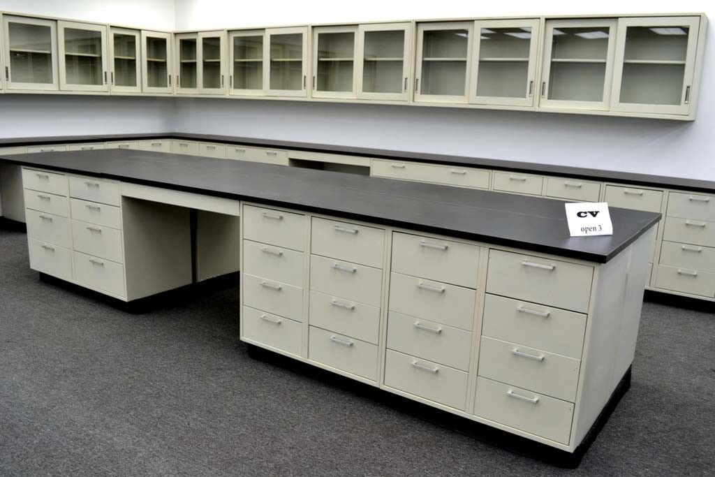 13' X 4' Laboratory Island Cabinet Group W/ Counter Tops & Desk Area / E1-036
