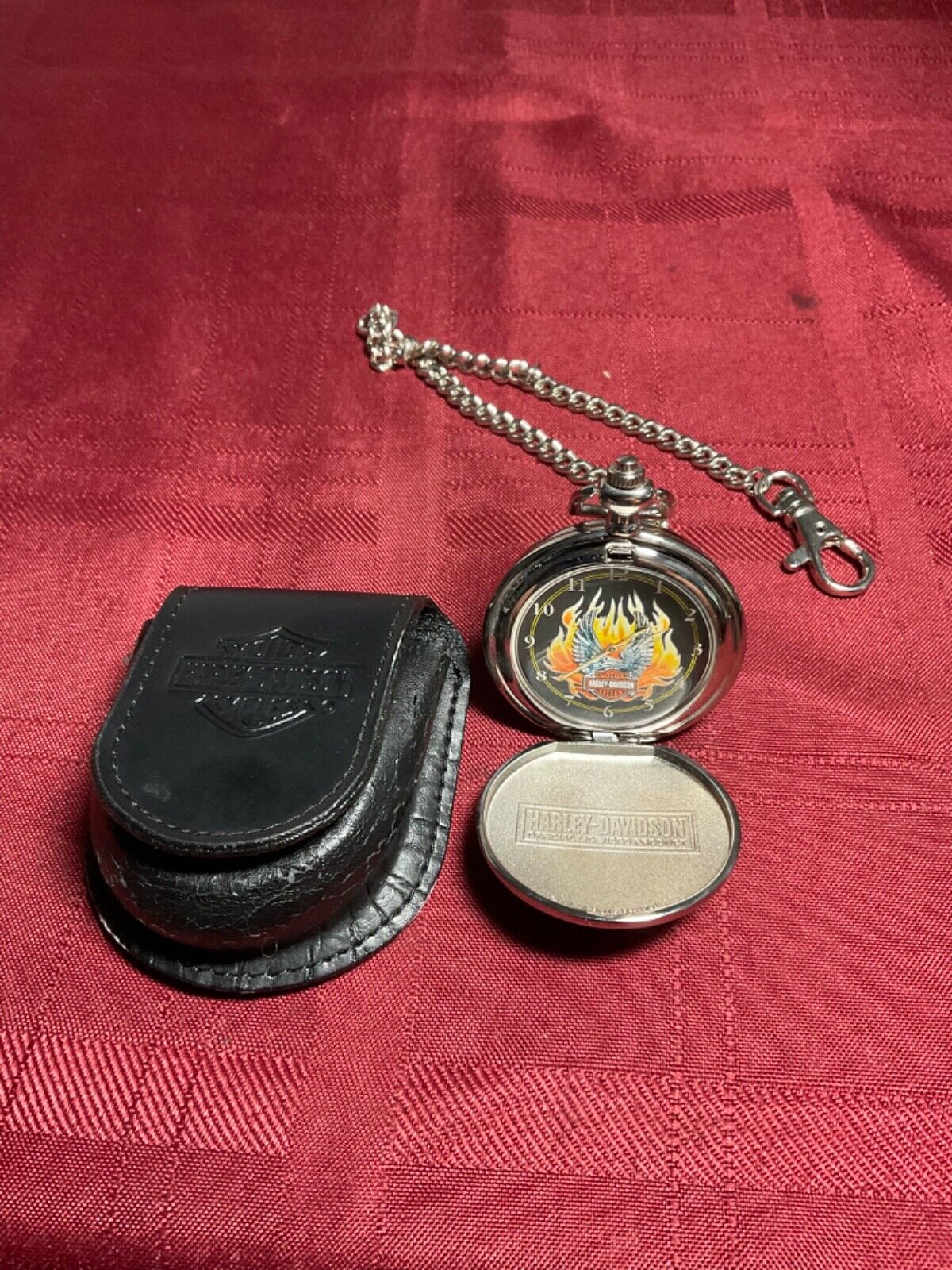 Harley Davidson Franklin Mint Pocket Watch, Chain And Case - Wings Flame Eagle