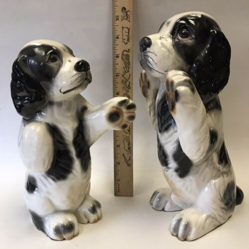 Vintage Ceramic Cocker Spaniel Puppy Dog Bookends Figurine Statues Black & White