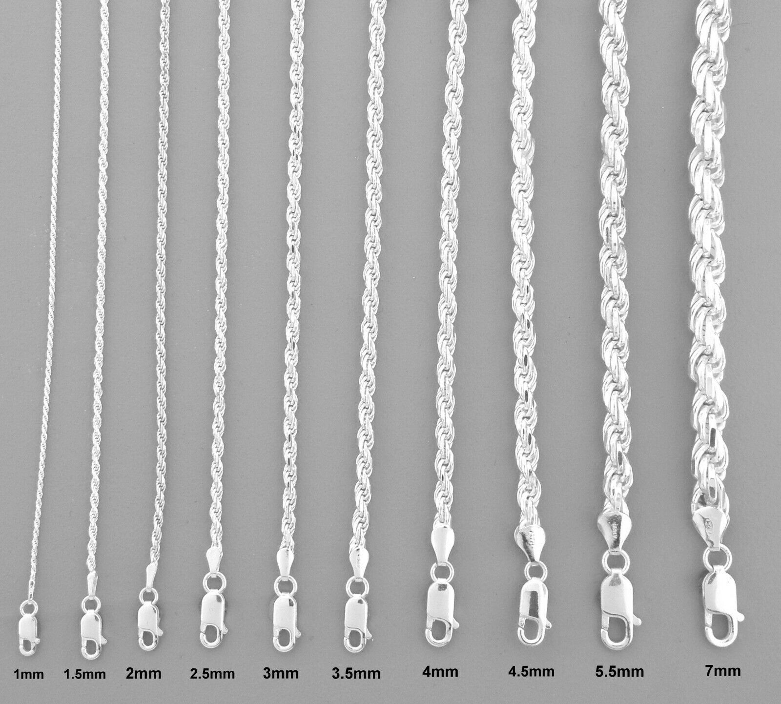 NEW ROPE CHAIN STERLING SILVER ITALIAN NECKLACE 1mm - 7mm WIDE - 14