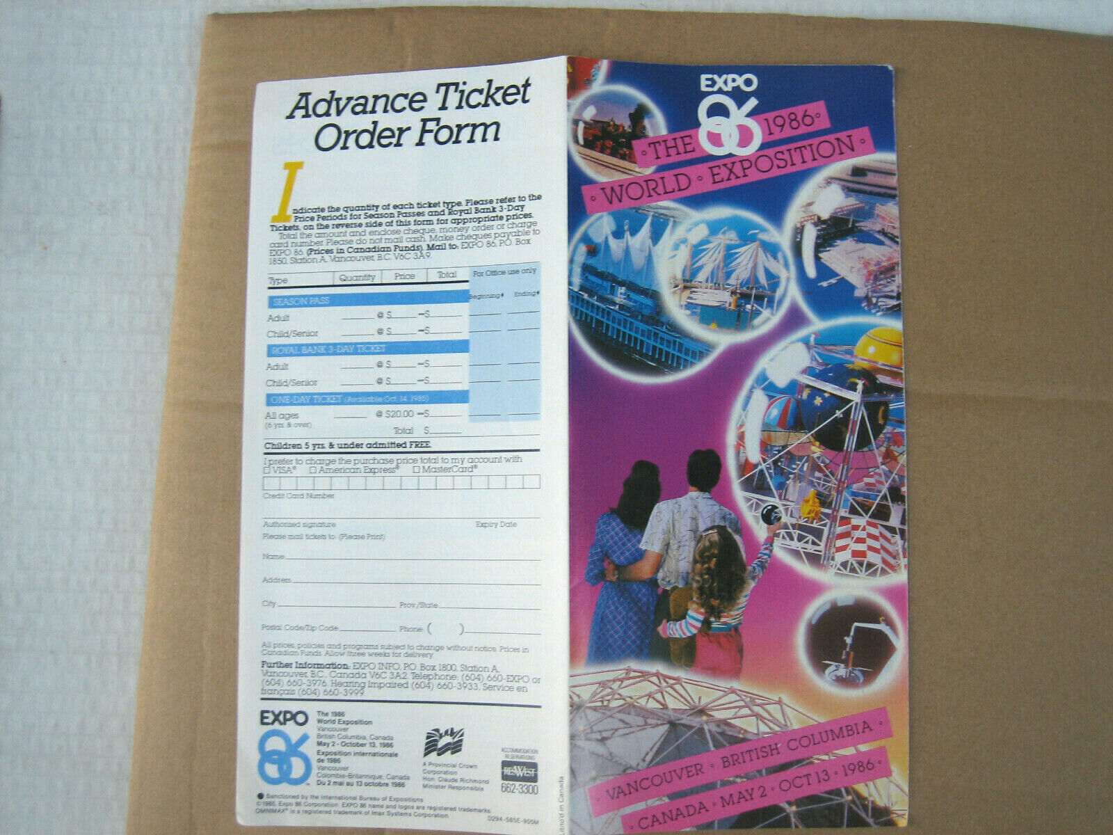 World EXPO 86 World exposition Fair Brochure TICKET FORM  Vancouver BC Canada