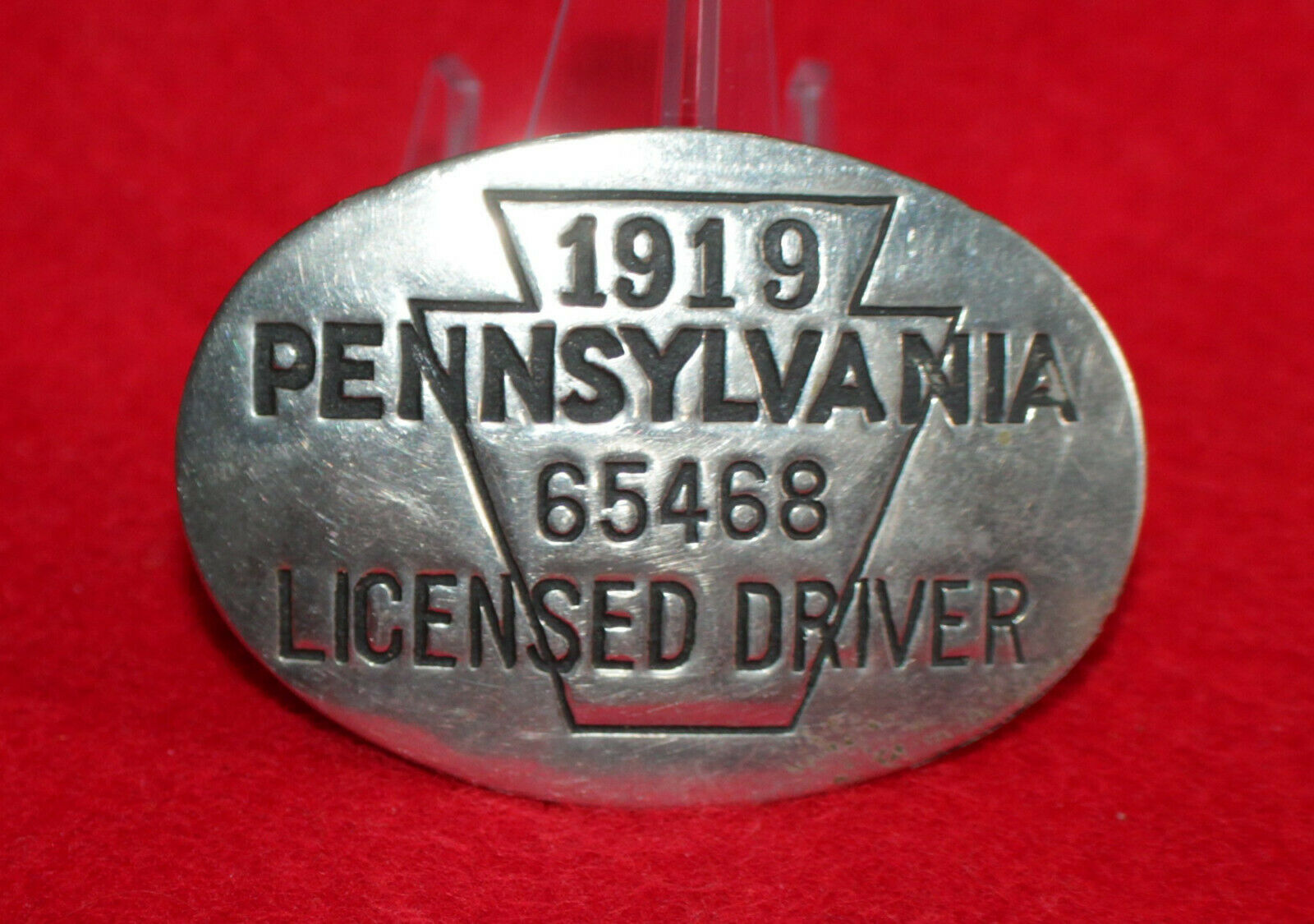 1919 Pennsylvania Licensed Driver Oval Metal Badge