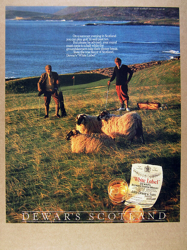 1991 scottish goats golf course golfers photo Dewar's Scotch vintage print Ad