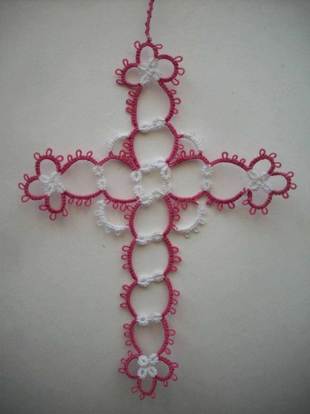 Handmade Tatted Cross Bookmark pink and white